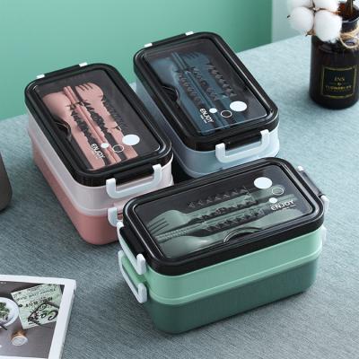 China Multi Layer Microwavable Adults And Kids Food Container Stainless Steel And Plastic Tiffin Lunch Box For School Office Bento Boxes With Cutlery for sale