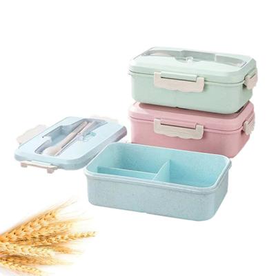 China Amazon Microwavable Microwavable Bento Box Adult Gold Kids 3 Grids Food Container Safe Wheat Straw Lunch Box With Tableware for sale