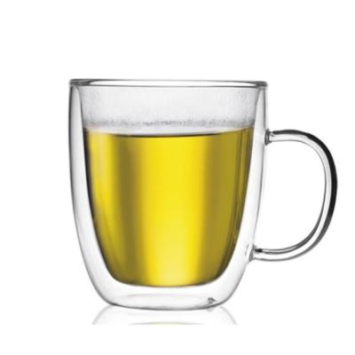 China Customized Stored Design Double Wall Glass Handle Glass Mug for sale