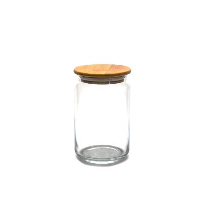 China Medium Size Bamboo Cover Spice Jar Glass Food Storage Folding Soda Lime Jar for sale