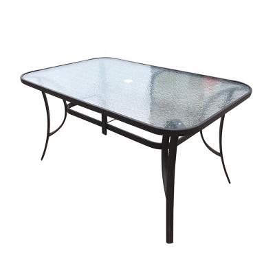 China Hot Sale Rectangular Modern Metal Tempered Glass Outdoor Patio Easy To Clean Dining Garden Table With Umbrella Hole Glass Top for sale