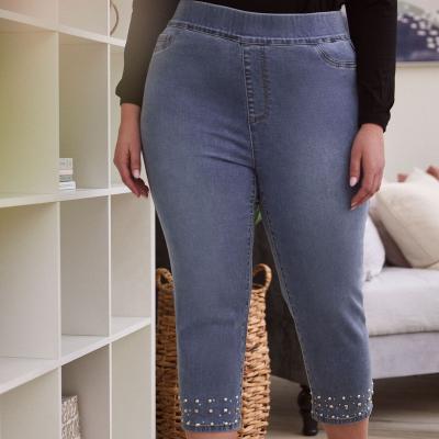 China Breathable Lady Plus Size Jeans Clothing Pull-On Denim Capris Stud Detaill Straight Streetwear Jeans XL XXL 3XL Light Blue Women Jeans for sale