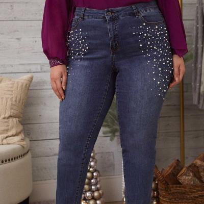 China New fall winter breathable women plus size jeans quality fashion pearl embellished curvy straight leg custom top oversized jeans for sale