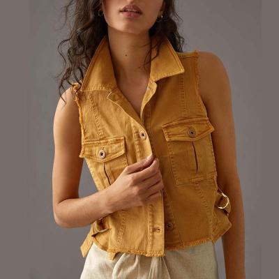 China High Quality Breathable Sleeveless Front Belt Fringed Edge Vest Women Clothing Pockets Sunlight Garment Dye Vest Women for sale