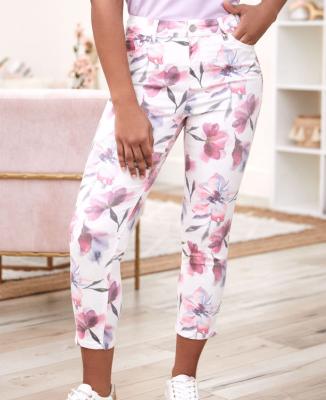 China New fashionable plus size women's waterproof pants jeans blooming profuse print flowers pants high waist for ladies for sale