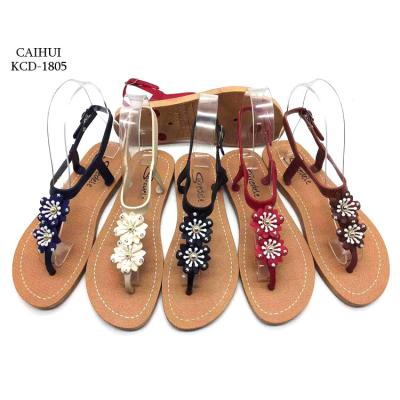 China Female Anti-Smell Beach Thong Sandals Women Flower Cheap Price Open Toe Slipper Flat Pearl Rivet Roman Style Sandale Femme for sale