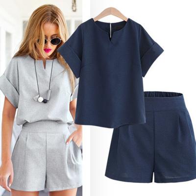 China Breathable Summer Autumn Women Two Piece Set Breathable Casual Polyester Tops + Solid Female Office Shorts Suit Plus Size Set Short Sleeve Sets for sale