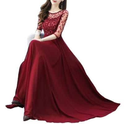 China 10% Breathable Breathable Off Elegant Women Maxi Dress Solid Color Stitching Lace Up Big Pleated Neck Hollow Out O Edge A Line Party Wedding Banquet Dress for sale