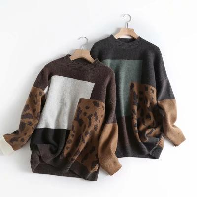 China Women's Vintage Leopard Sweater and Sweater Winter Patchwork Brown Knit Sweaters Korean Style Loose Sweater Thin Sweaters for sale