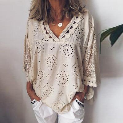 China Anti Wrinkle Women Summer Women Blouse Hollow Out Girl Shirts Half Sleeve Cotton Canvas Half Hollow Out Female Lace Patchwork Shirt Blouse Tops for sale