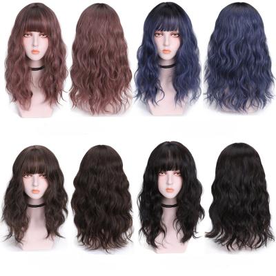 China Women's Puffy Wigs Natural Blue Black Long Body Wave Daily Puffy Wigs Synthetic Wig Hair With Bangs Shape Temperament Wig 45CM for sale