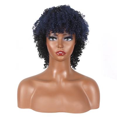 China Body Wave 15cm Short Curly Afro Kinky Curly Wigs For Women Premium Synthetic Hair Wigs With Highlights Ombre Blue Bangs for sale