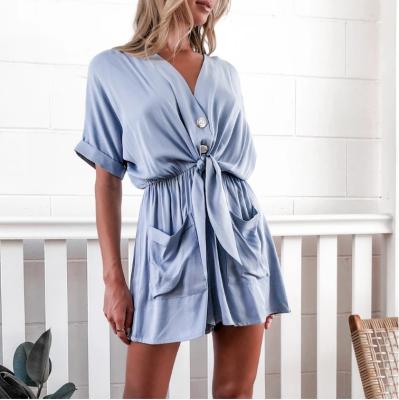 China Breathable Women Summer Breathable Buttons Overalls Casual Fashion Pockets Overalls Solid With Belt V-Neck Short Sleeve Female Rompers Playsuit for sale