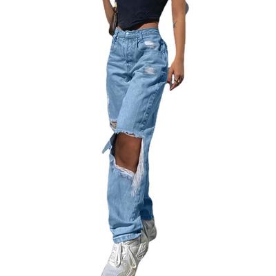 China Factory Direct Women's Jeans Breathable Fashion Ripped Denim Loose Straight Leg Women's Denim Pants for sale