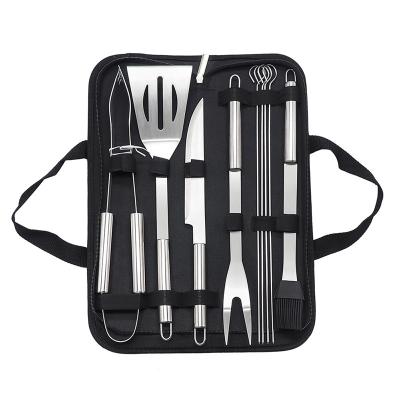 China Outdoor Dustproof BBQ Accessories Tool Kit Stainless Steel BBQ Bag Cloth 10pcs Grill Knife Fork and Shovel Set for sale