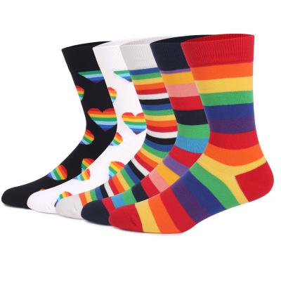 China Rainbow Antibacterial Colorful Heart Funny Pattern Socks Men Cotton Fashion Crew Casual Dress Socks for sale