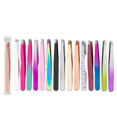 China Hot Selling Colorful Eyebrow Facial Hair Tweezers Slope Tip Stainless Steel Eyelash Eyebrow Tweezers for sale