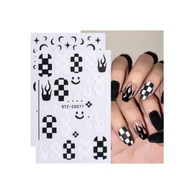 China Black And White Checkerboard Smile Smiley Flame Laminated Nail Sticker Black And White Checkerboard Face Flame Lamination Nail Wholesale Products for sale