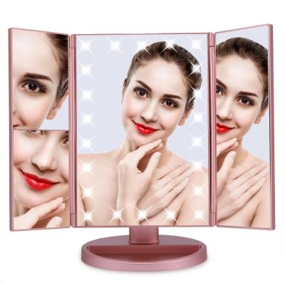 China Custom Lighted Logo High Quality 22 LED Lights Makeup Mirror Touch Screen Folding Desktop Vanity Mirror for sale