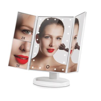 China Lighted Premium Desktop Makeup Mirror Supplies Custom LED Folding Magnifying Cosmetic Mirror for sale