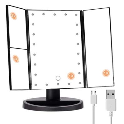 China Hot Selling Folding Lighted Magnifying Cosmetic Mirror 22 Lights Portable Led Makeup Desktop Mirror for sale