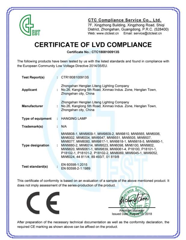 CE - Zhongshan Henglan Town Liteng Lighting Factory