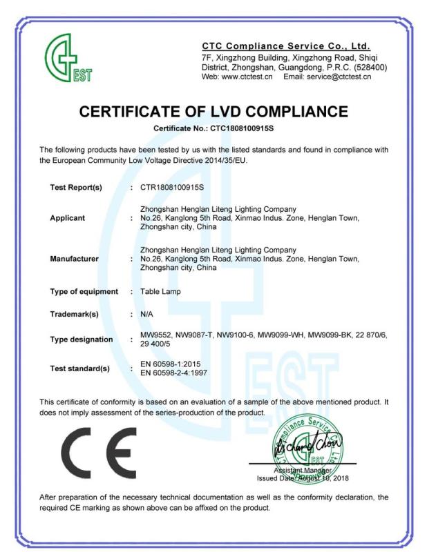 CE - Zhongshan Henglan Town Liteng Lighting Factory