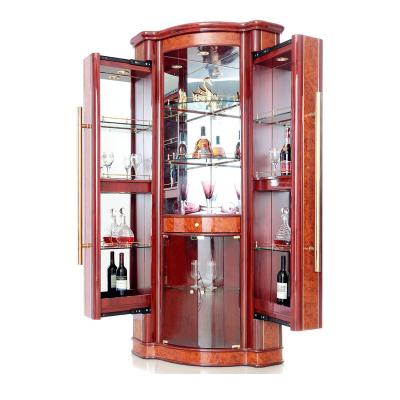 China Antique high-gloss high-gloss maple color 765cm*765cm*2130cm surface treatment painting+smooth wine living room antique high-grade luxury home furniture corner showcase cabinet for sale