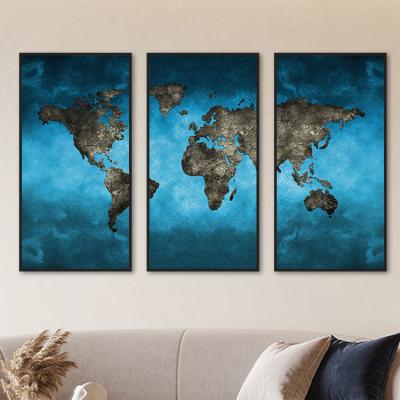 China Realistic Modern Wall Art Crystal Painting For Home Decor Wall Art 3 Panel World Map Canvas for sale