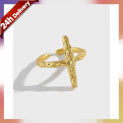 China Dylam Fashion Design 925 Sterling Silver Adjustable For Women Trendy Gold Plated Minimalist Open Cross Ring for sale