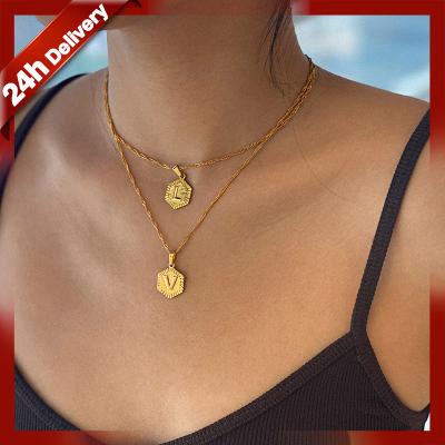 China New Fashion 18K Classic Necklace Initial Necklaces Jewelry Hexagon Initial Letter Stainless Steel Stainless Steel Necklace for sale