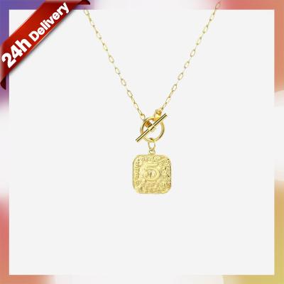 China Casual/Sporty Dylam Personalized T Clasp Pendant Necklace Gold Plated Link Sweater Letter Square Engraving Number Silver Coin Brass Necklace for sale