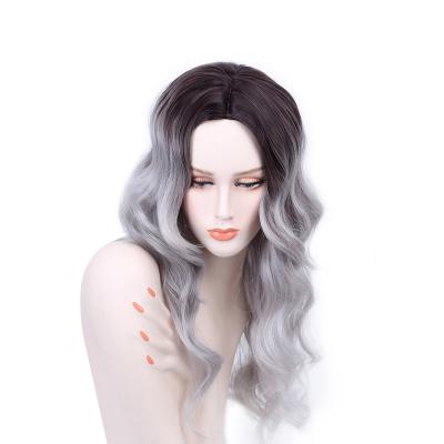 China Black Gray Medium Straight Gradient Long Curly Wave Hairstyle Long Head Ladies Synthetic Wig Set for sale