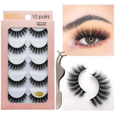 China Hot Selling Long Natural Dense Mink Hair Extension False Eyelash Set 10 Pairs With Tweezers For Ladies Makeup for sale