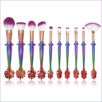 China Lucky High Grade Aluminum Plastic Handle Colorful Fish Gradient Mermaid Purple Makeup Brushes 10pcs/set Tube Skin-friendly for sale