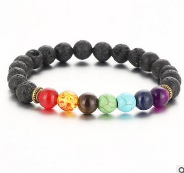 China Hot Sale 8mm CLASSIC Natural Lava Stone 7 Chakras Stone Bracelet Colorful Energy Men Bracelet for sale