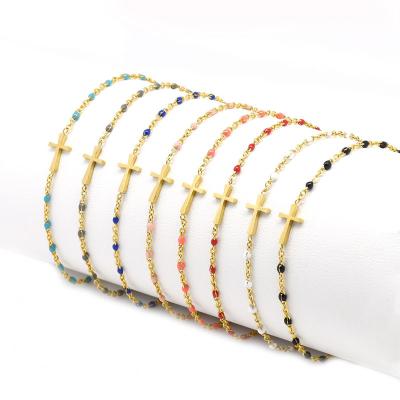 China RisingMoon Environmental Religious Gold Plated Colorful Crystal Beads Chain Stainless Steel Cross Bracelet for sale