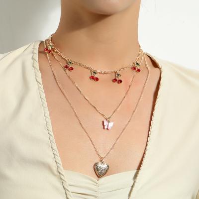 China CLASSIC Butterfly Necklace Gold Plated Jewelry Cherry Heart Necklace For Women Pendant Multilayer for sale