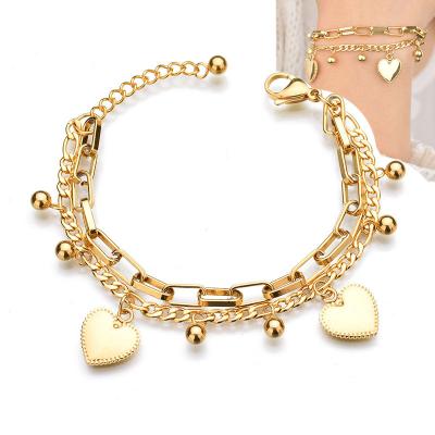 China New BOHEMIA Double Layer Love Chain Bracelet Gold Plated Heart Shape Jewelry Hot Titanium Steel Bracelet for sale