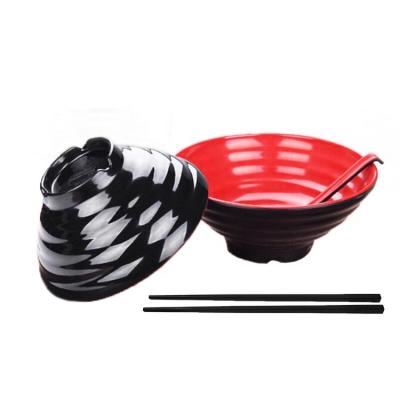 China New Japanese Style Viable Plastic Bowls Black Melamine Red Soup Noodle Ramen Bowl With Spoon And Chopsticks for sale