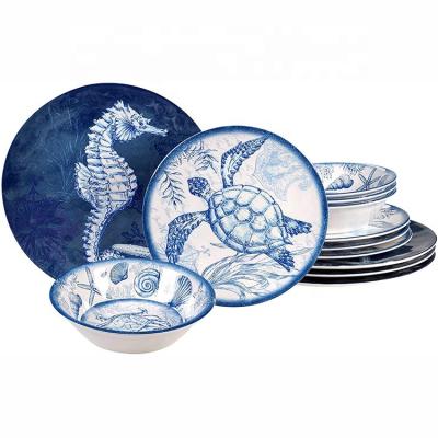 China Sustainable Service For Oceanic Style 4 Multi Colored 12 Piece Melamine Dinnerware Set for sale