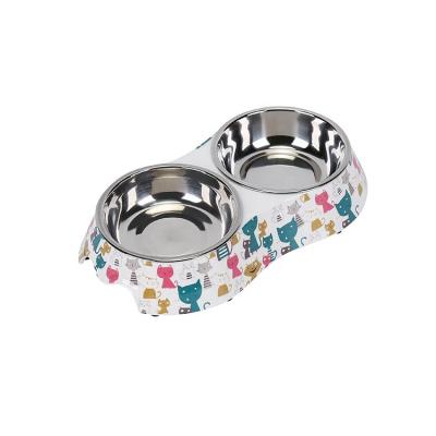 China LOW MOQ Printing Pet Water Plastic Melamine Pet Bowl Viable Double Dog Bowl Feeder for sale