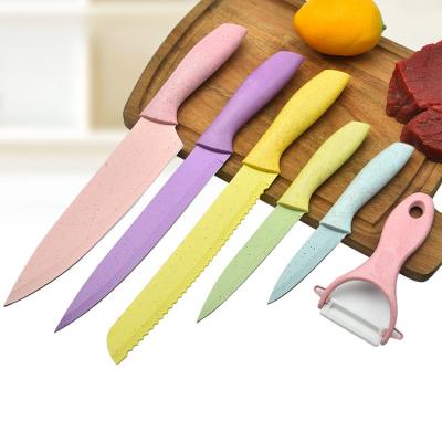 China Sustainable Six-Piece Gift Set Colorful Wheat Straw Household Kitchen Stainless Steel Kitchen Knife Set for sale