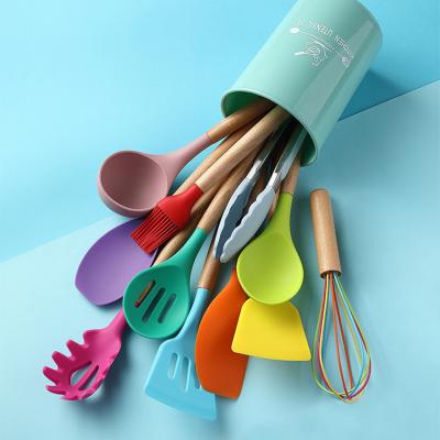 China Viable Wholesale High Quality Wooden Handle Color Silicone Kitchen Utensil Set for sale