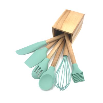 China Sustainable 6pcs Heat Resistance Silicone Cooking Kitchen Utensils Set With Wooden Handles Silicone Utensil Set for sale