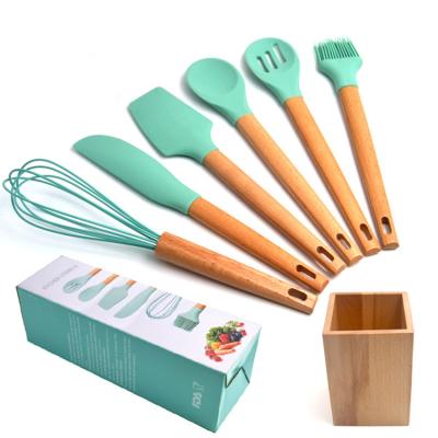 China Sustainable China Factory New Design Cooking Tools Silicone Kitchen Utensils Set With Bamboo Wooden Rack for sale