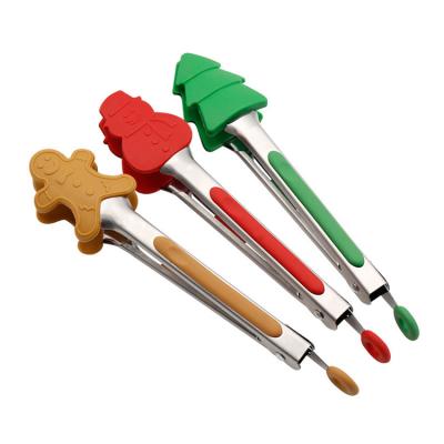 China Sustainable Christmas Silicone Food Tongs Mini Stainless Steel Kitchen Tongs Barbecue Food Tongs for sale