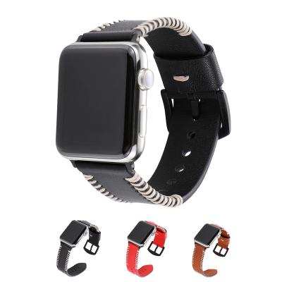 China Black Vintage Color Ribs Pattern Knitting Genuine Leather Knitting Buckle Band Genuine Leather Strap For Apple Watch for sale