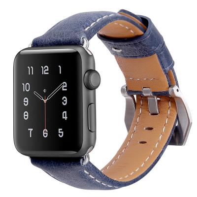 China Blue Grain Buckle Blue Full Grain Leather Strap Unisex Genuine Genuine Leather Band Vintage Vintage Loose Classic Full Buckle For Apple Watch for sale