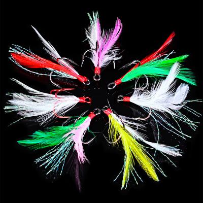 China Wholesale 20Pcs/Set 2/4/6/8/10# Kit Outdoor Fishing Feather Trebel Hook Fishing Hook Custom Handmade Feather Hooks Tail Feather for sale